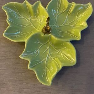 Vintage green candy/nut dish. Whimsical leaf three section dish.